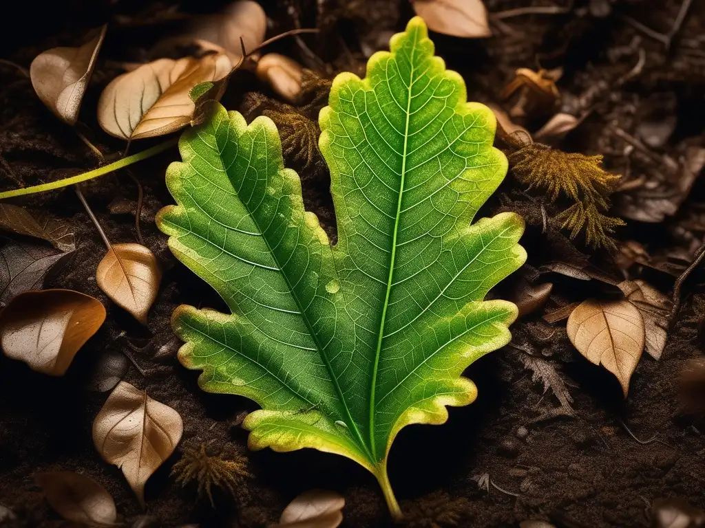 Hoja verde en descomposición en el suelo del bosque