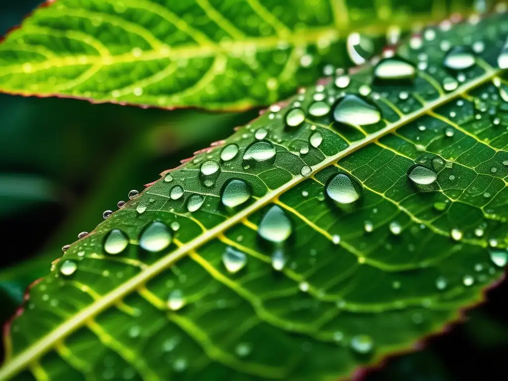 Hoja verde con gotas de rocío: revolución energética con materiales fotónicos