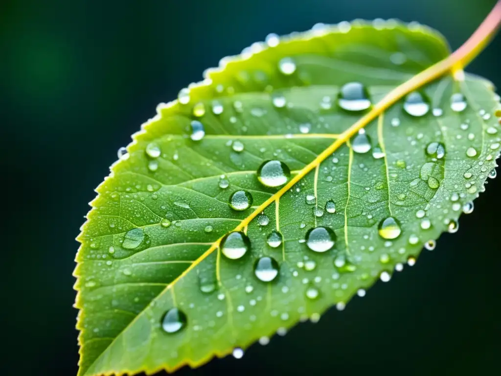 Impacto de la química en el cambio climático: hoja con gotas de agua, texturas y colores vibrantes