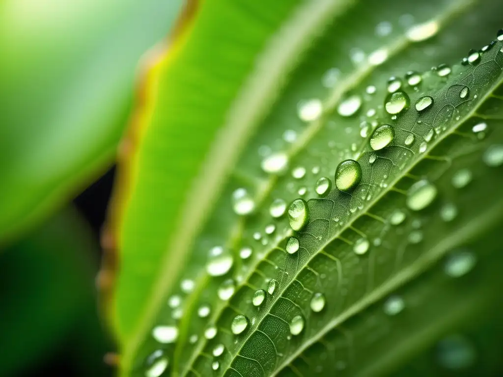 Hoja verde con venas y gotas de agua: Importancia del carbono en la vida