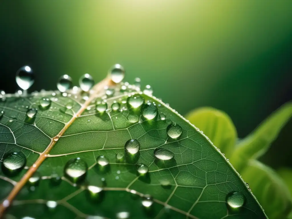 Hoja verde con gotas de rocío en hilo de araña en bosque soleado - Química Ambiental en Energías Alternativas