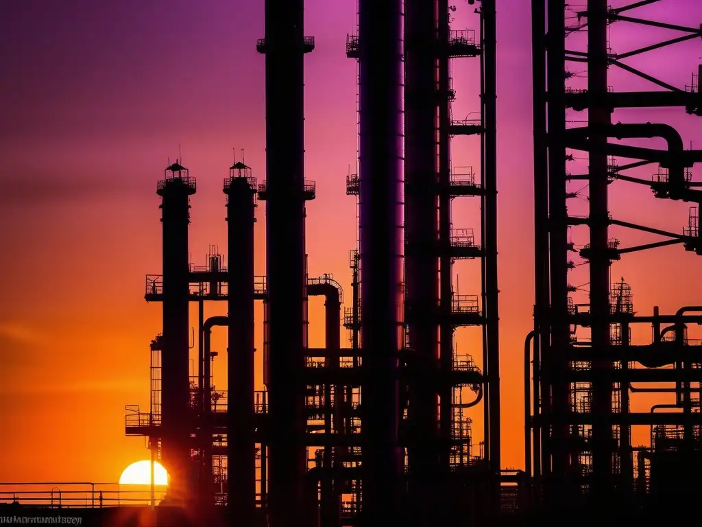 Vista macro de una planta petroquímica al atardecer, destacando la química sostenible para la industria del petróleo