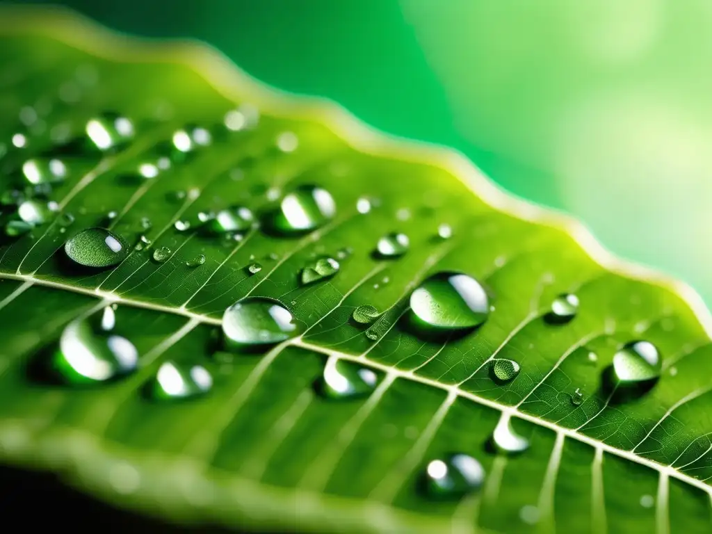 Macrofoto impactante: hoja verde con gotas de rocío, símbolo de química ambiental y energías alternativas