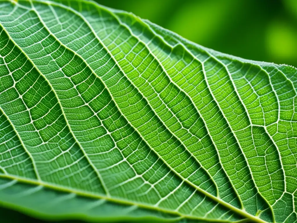 Impactos ambientales de la industria química: hoja verde microscópica, patrones y venas naturales, belleza y complejidad de estructuras orgánicas