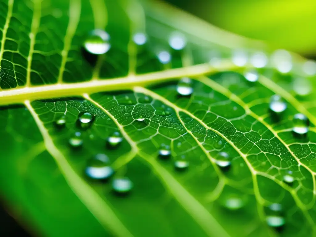 Hoja verde con venas y gotas de agua: Impactos de la química moderna