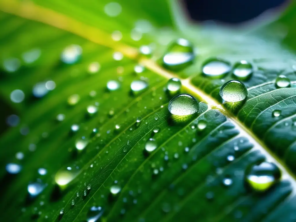 Descubrimientos químicos ambientales revolucionarios: Hoja con gotas de agua y detalles microscópicos