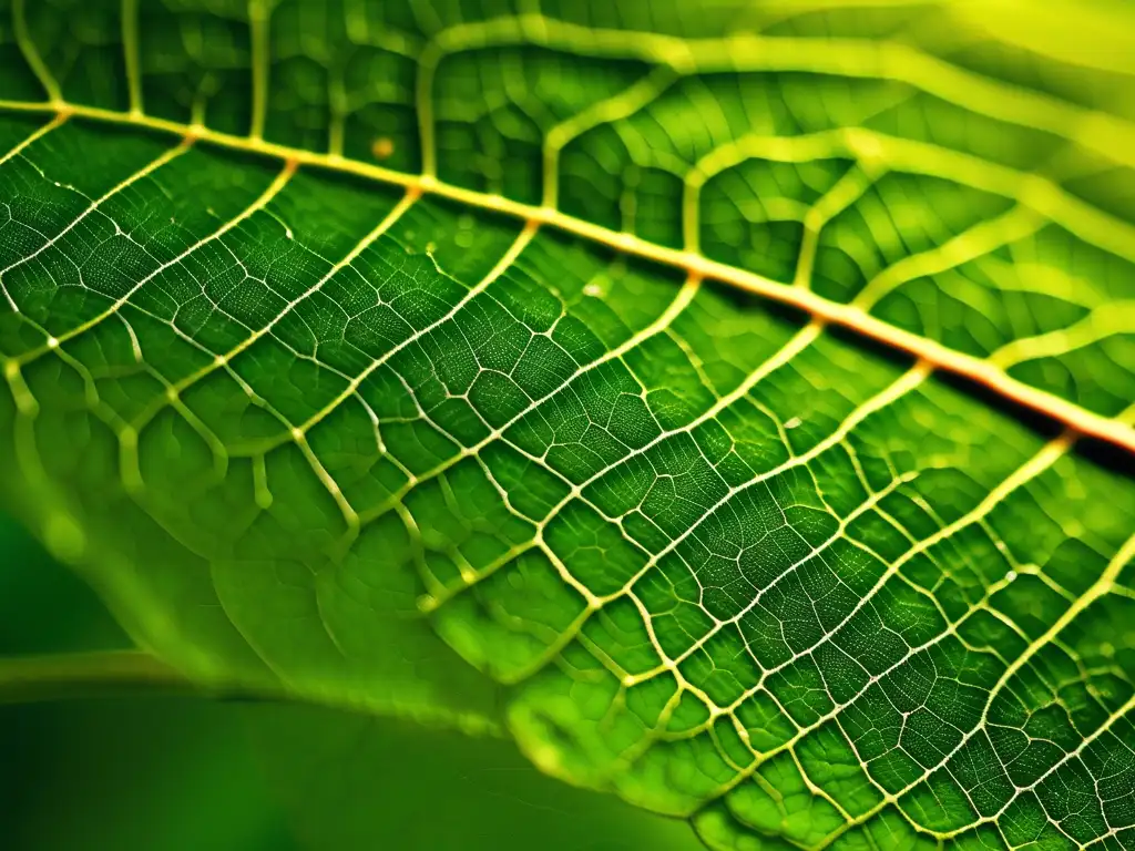 Hoja con microestructuras y patrones orgánicos, destacando la conexión entre la química orgánica y la energía renovable