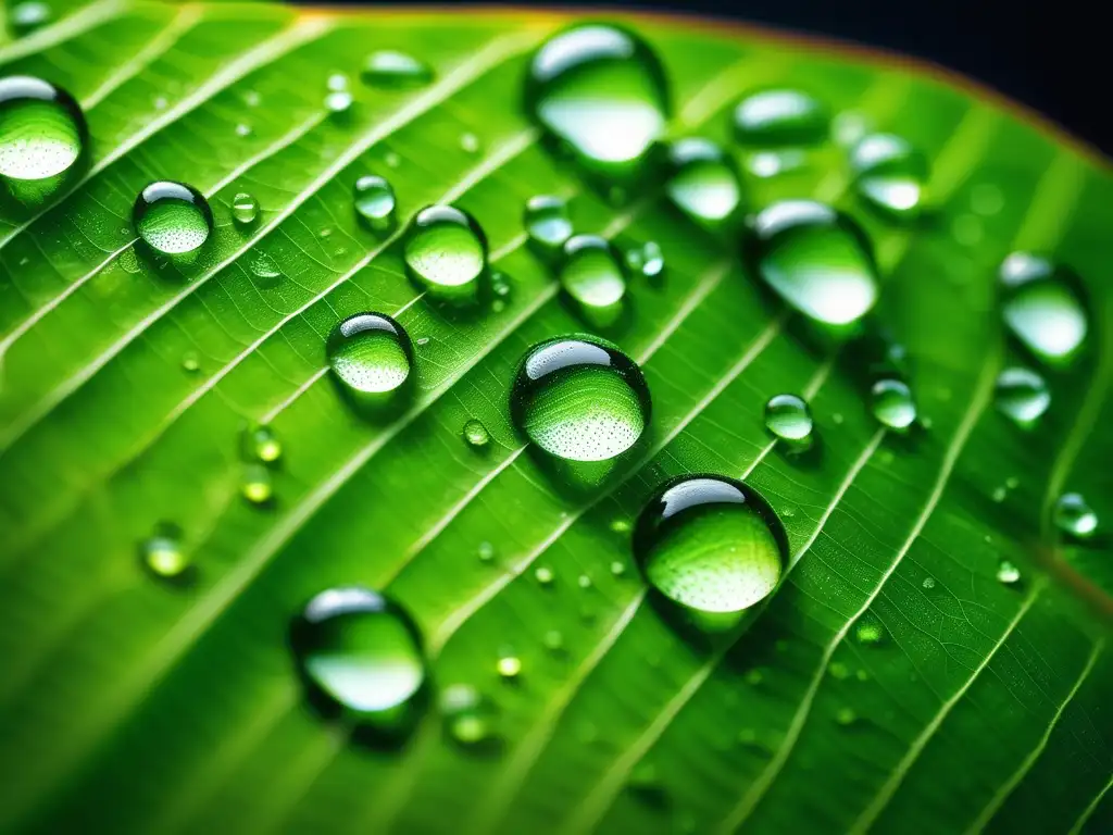 Innovaciones en química verde petroquímica: hoja verde con gotas de agua, belleza y pureza de la naturaleza