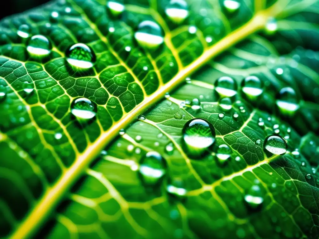 Hoja verde con gotas de agua, belleza natural y energías alternativas