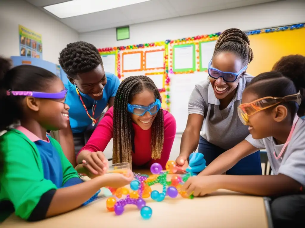 Impacto de los polímeros en la educación: maestro y estudiantes experimentando con materiales coloridos