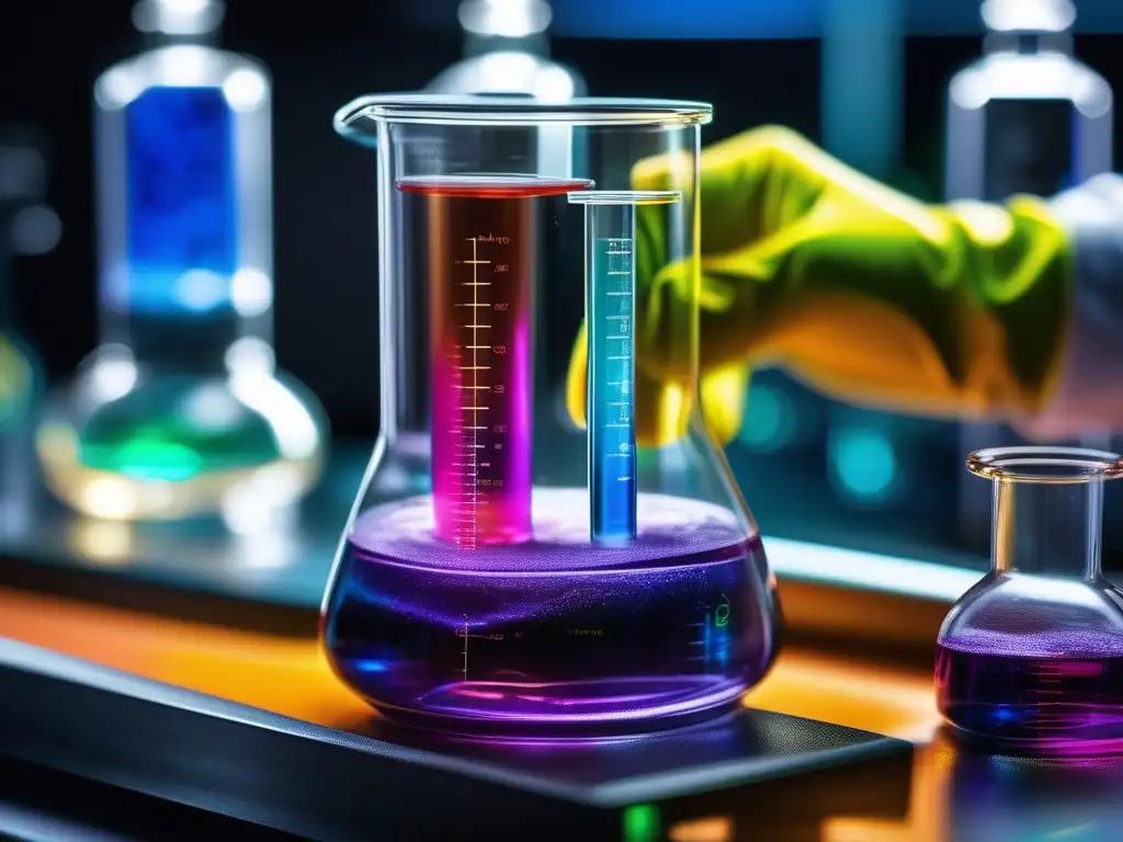 Investigación química en la petroquímica: mano de científico sosteniendo una probeta con líquido colorido en un laboratorio bien equipado