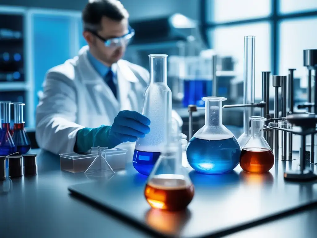 Especializaciones en química y petroquímica: Detalle de un laboratorio con un científico sosteniendo un tubo de ensayo con líquido azul vibrante