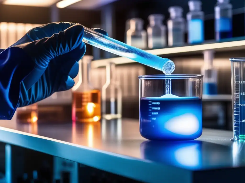 Química en la industria: Imagen detallada de un laboratorio con científico sosteniendo tubo de ensayo con líquido azul vibrante