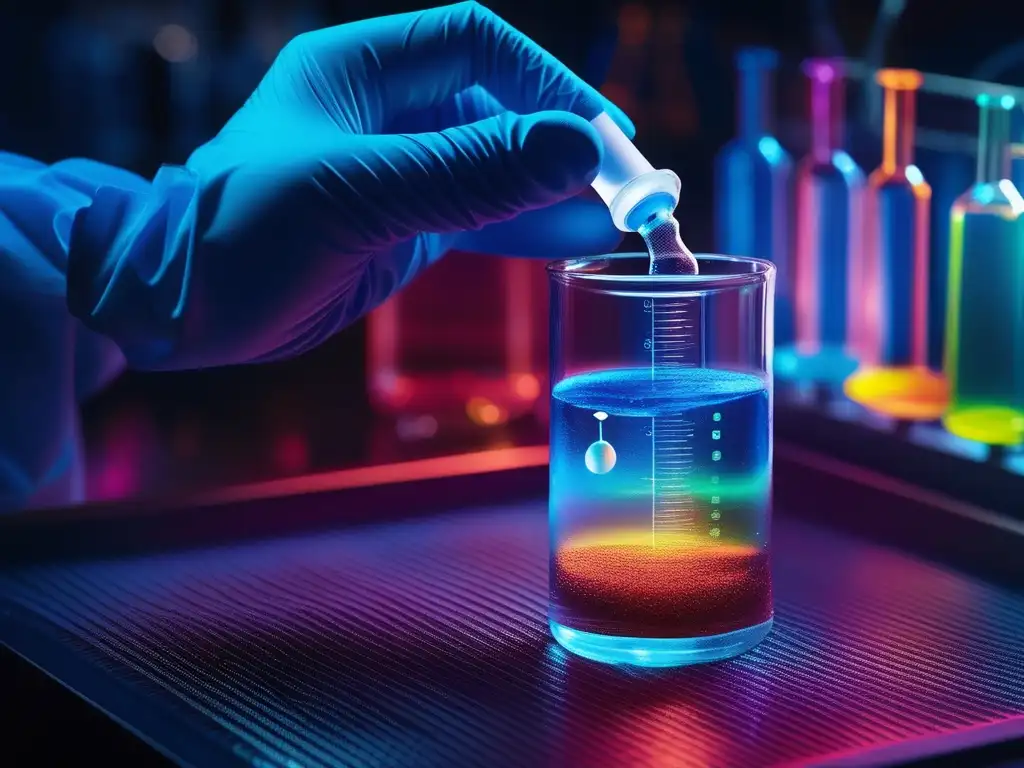 Oportunidades de carrera en química: escena detallada de laboratorio con científico sosteniendo tubo de ensayo azul vibrante iluminado