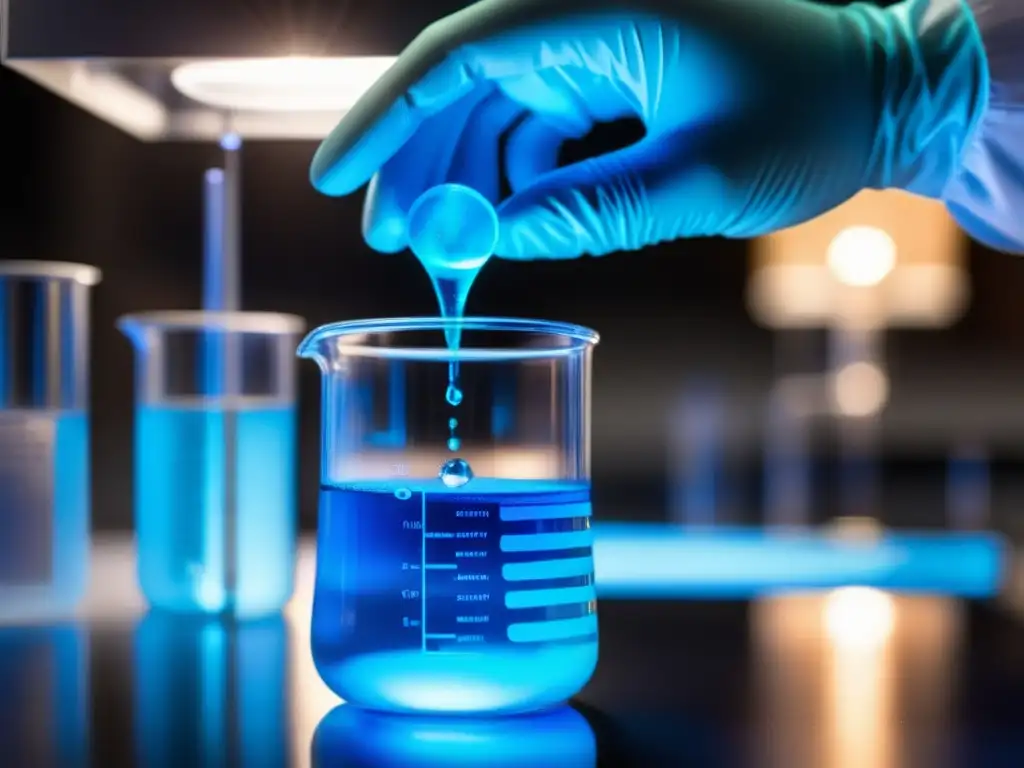 Seguridad en la industria química: secretos desentrañados, imagen detallada de un laboratorio con mano sosteniendo beaker azul iluminado