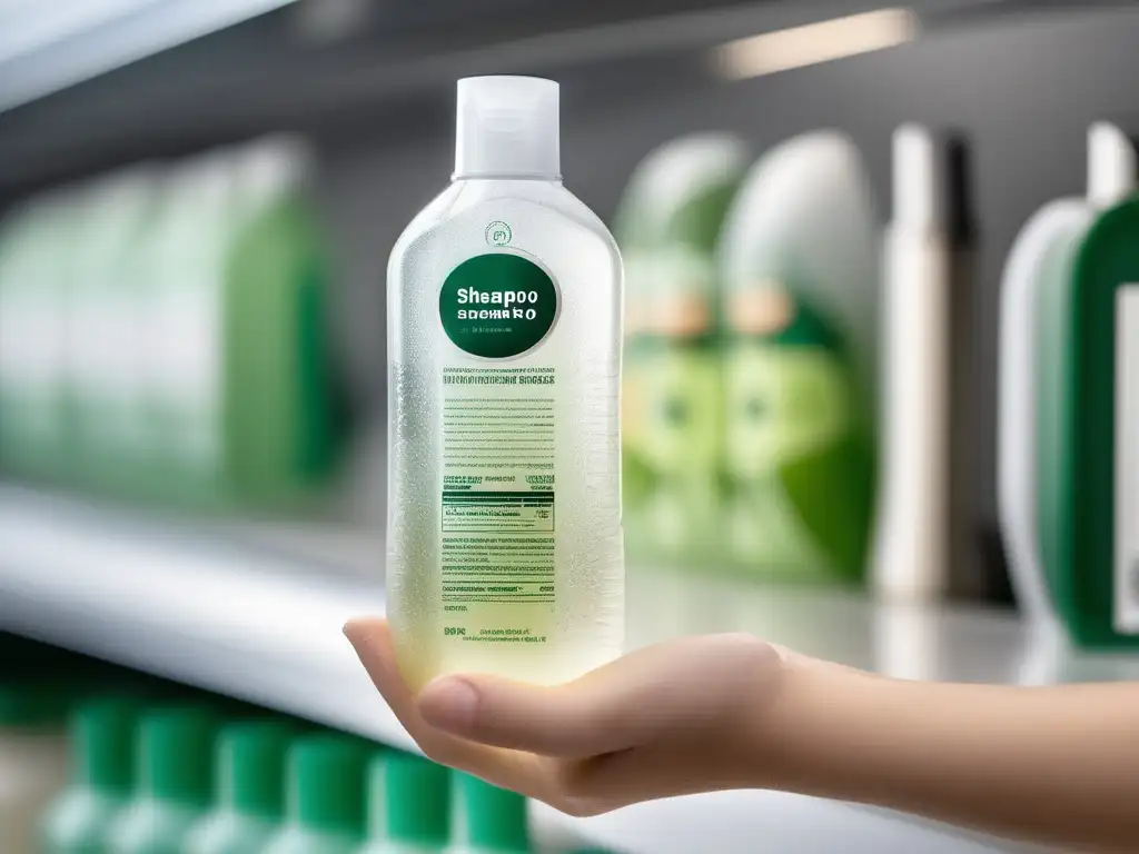 Impactos industria petroquímica productos cuidado personal: Mano sosteniendo botella de champú transparente con ingredientes dañinos en el etiquetado