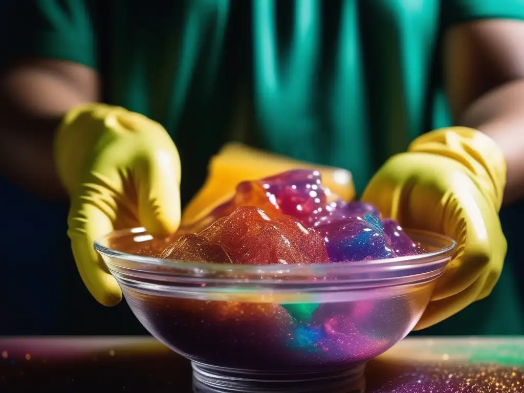 Descubrimientos químicos caseros divertidos: Niño mezclando slime colorido en un tazón con guantes protectores