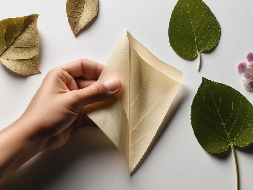 Manos sujetando delicadamente papel reciclado con textura y detalles, revelando flores y hojas en su interior