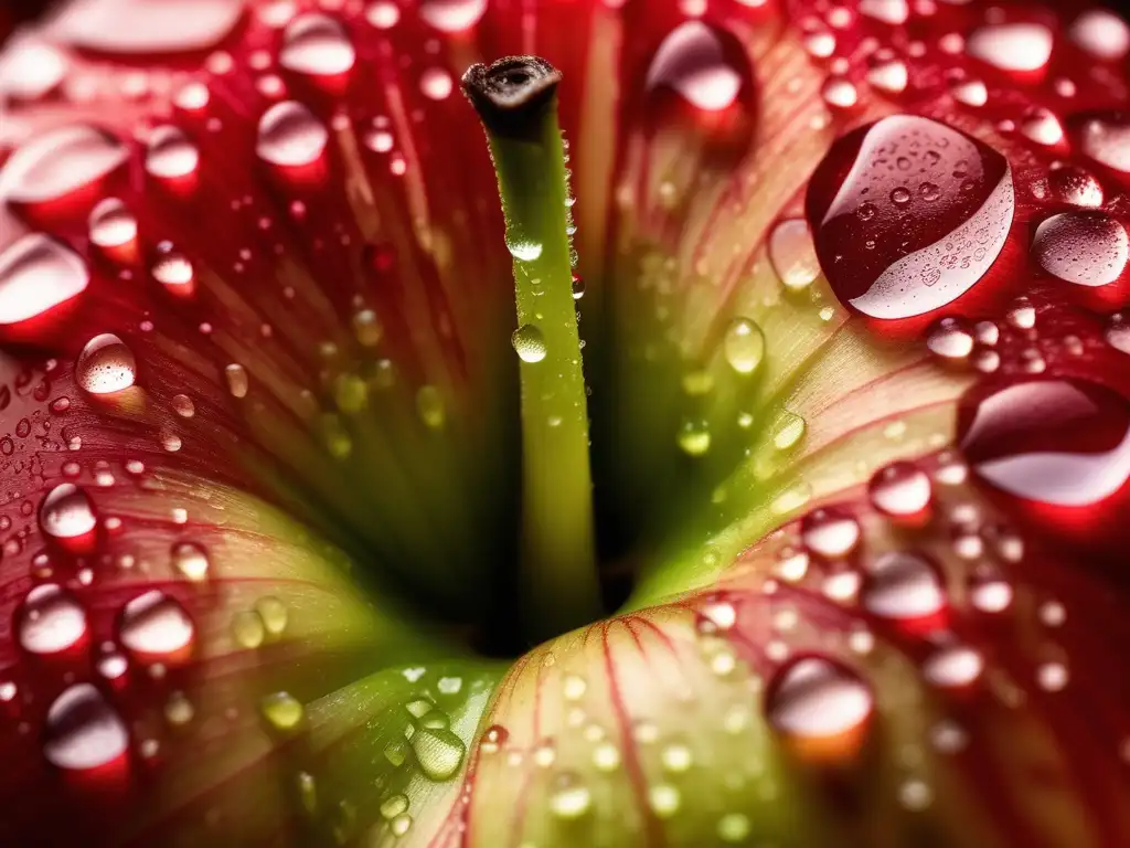 Descubrimientos químicos en la nutrición: manzana roja con gotas de agua, resaltando su belleza natural