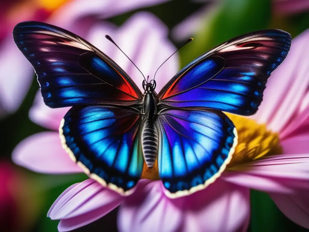 Impacto de los materiales bioinspirados en la química, maravillosa imagen de una mariposa vibrante posada en una flor delicada