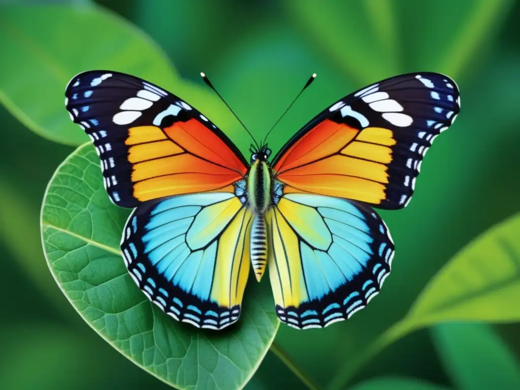 Impacto de materiales bioinspirados: mariposa en hoja verde