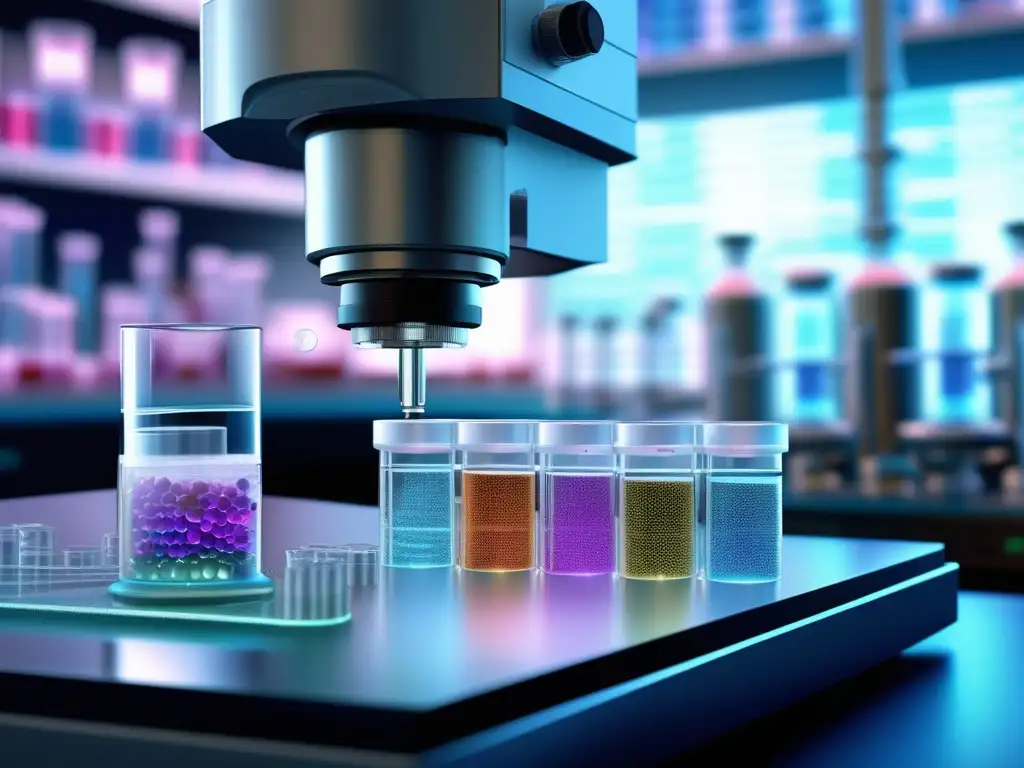 Laboratorio con microscopio avanzado y petri dish de moléculas coloridas - Petroquímica para fabricación fármacos modernos