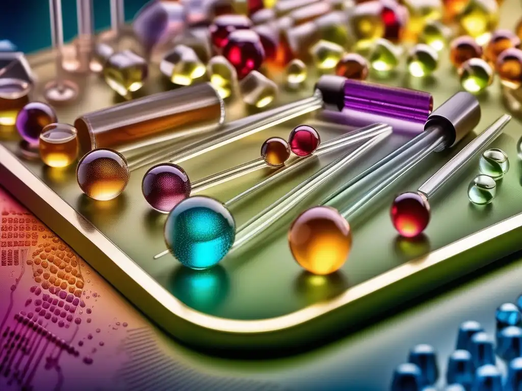 Descubrimientos químicos en la nutrición: imagen detallada de un laboratorio científico con microscopio y nutrientes coloridos en un portaobjetos