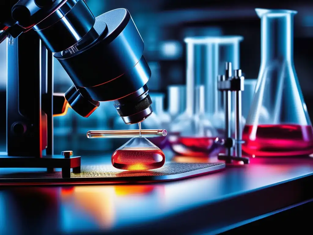 Impacto tecnologías en química: equipo avanzado, microscopio, reacción química, precisión y transformaciones moleculares