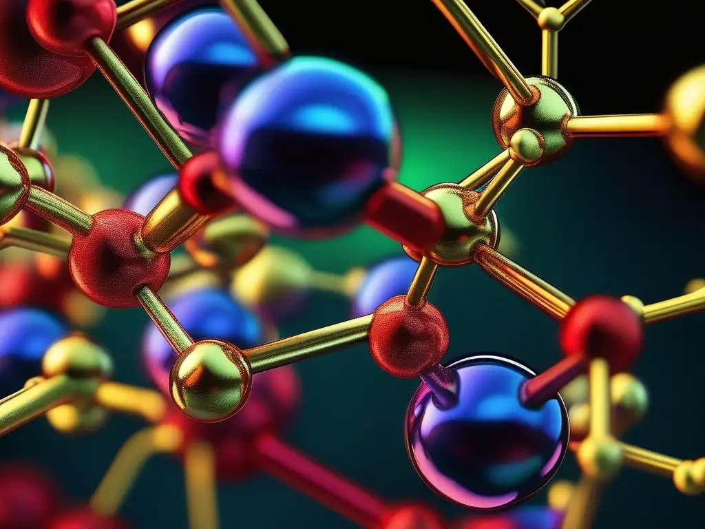 Efectos de la estructura química: imagen detallada de un compuesto con su estructura molecular, colores vibrantes y alta precisión científica