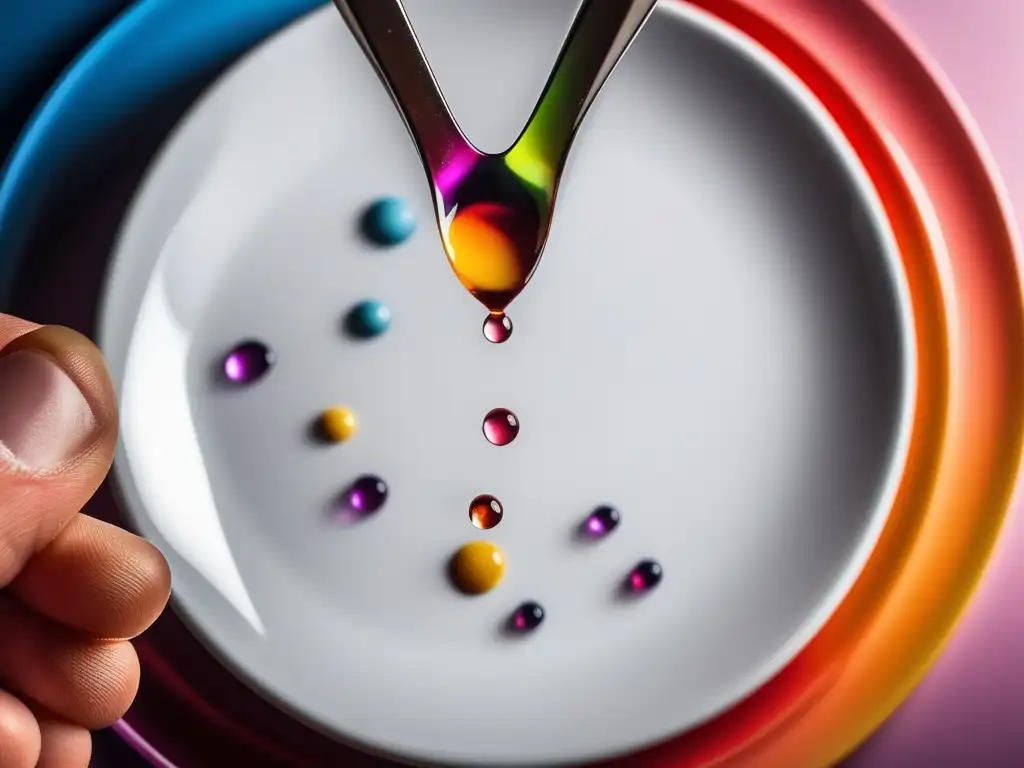 Mano del chef coloca gota de líquido colorido en plato blanco - Química en la cocina: secretos y curiosidades