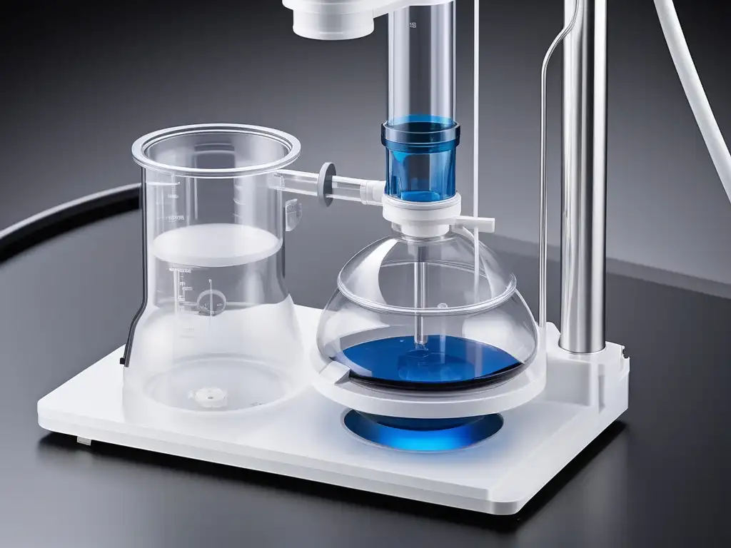 Técnica de filtración y decantación en química moderna con detalle de un setup de filtración en laboratorio