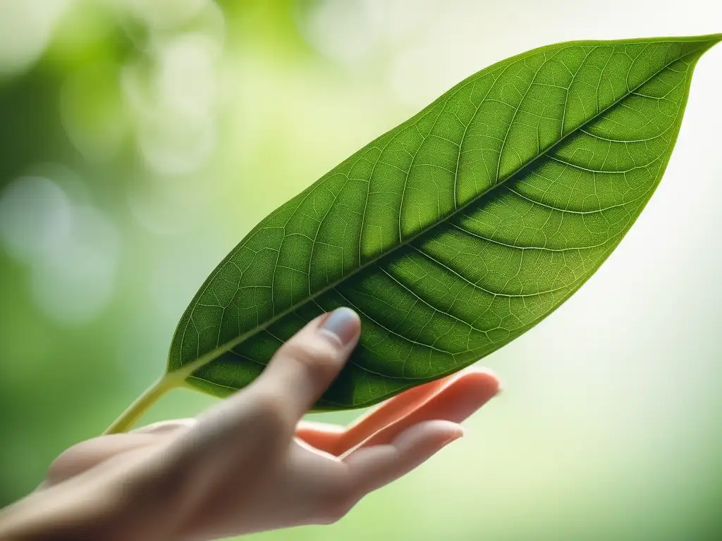 Mujer sosteniendo hoja verde, detalle y textura naturales