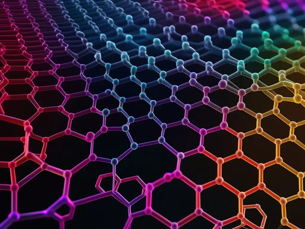 Impacto Nanomateriales en Química actual: Estructura detallada de nanomaterial con redes de nanopartículas interconectadas y colores vibrantes