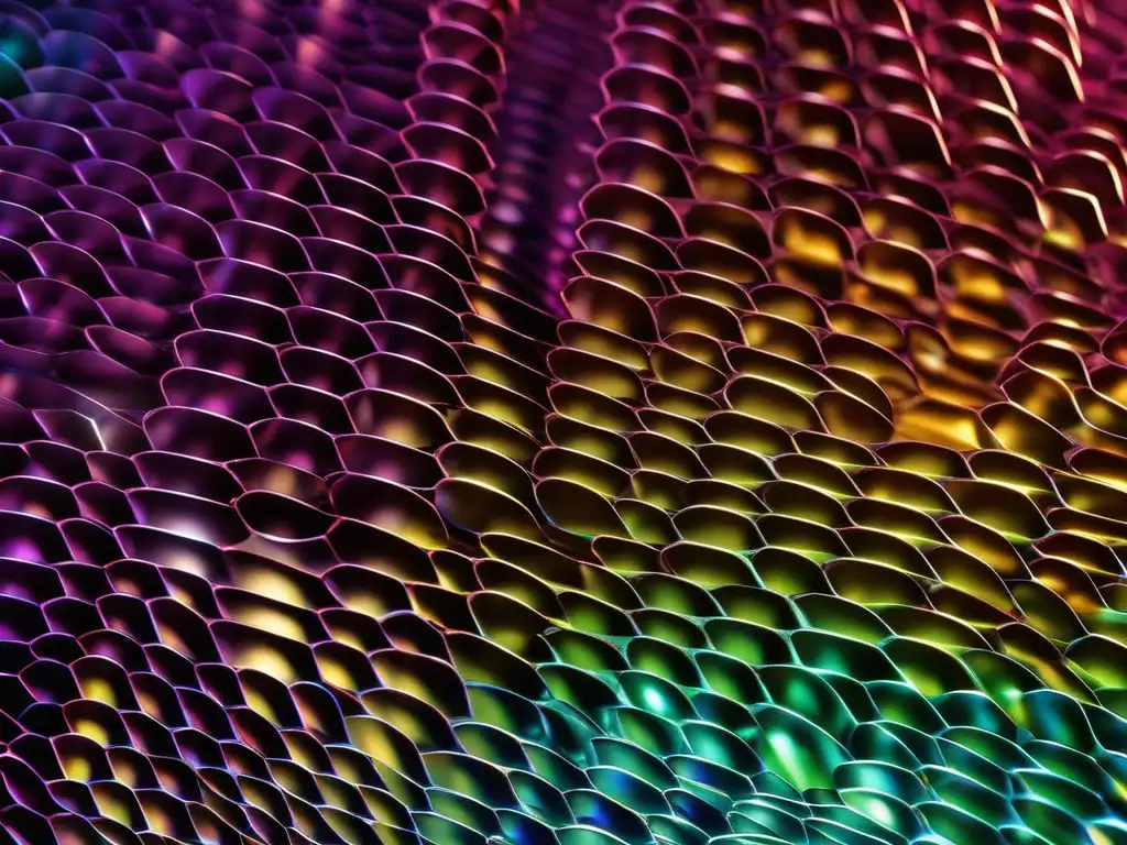 Nanomaterial con patrón regular, estructura y composición metálica, refleja luz en colores vibrantes