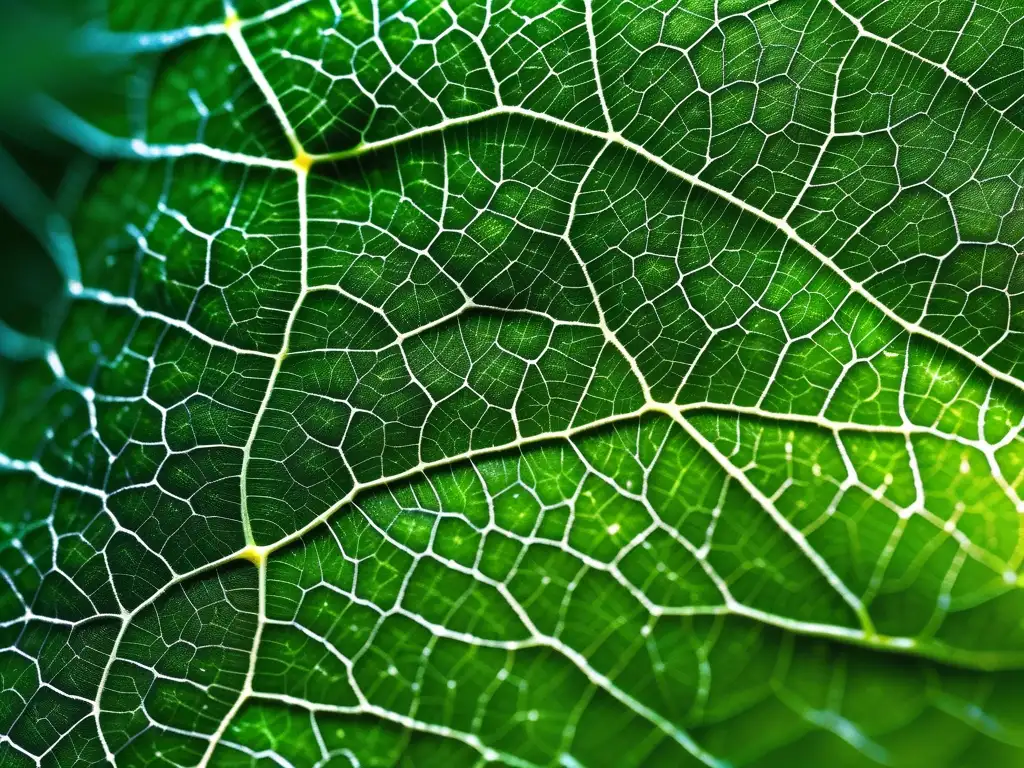 Detalle asombroso de una hoja verde brillante cubierta de nanopartículas plateadas, resaltando la nanotecnología y su impacto en química