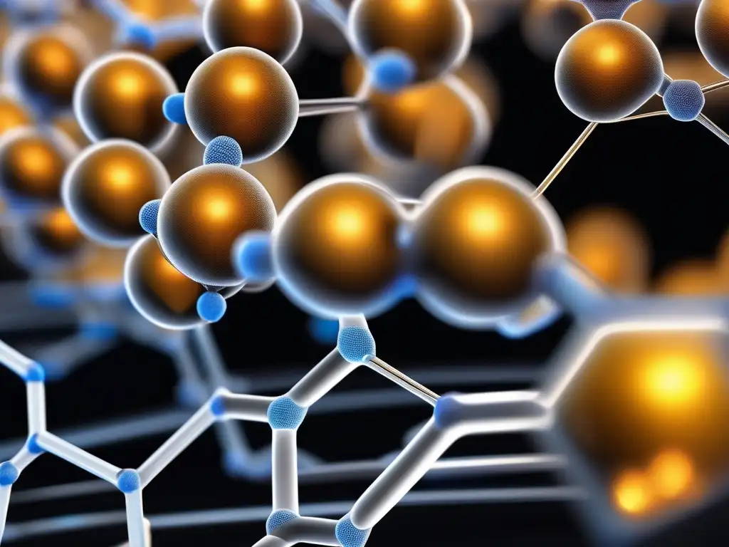 Nanotecnología: Reacción química en superficie de grafeno, mostrando la estructura hexagonal y nanopartículas con catalizadores