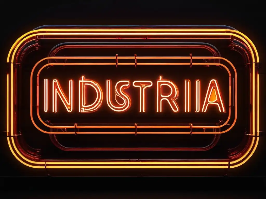 Neón en la industria: signo luminoso 'INDUSTRIA' en vibrante naranja; detalles artísticos y uso industrial