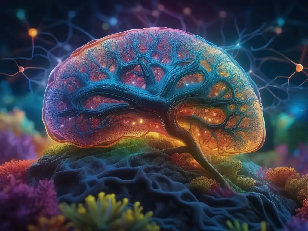 Química cerebral durante el sueño: red neuronal detallada con paisaje onírico