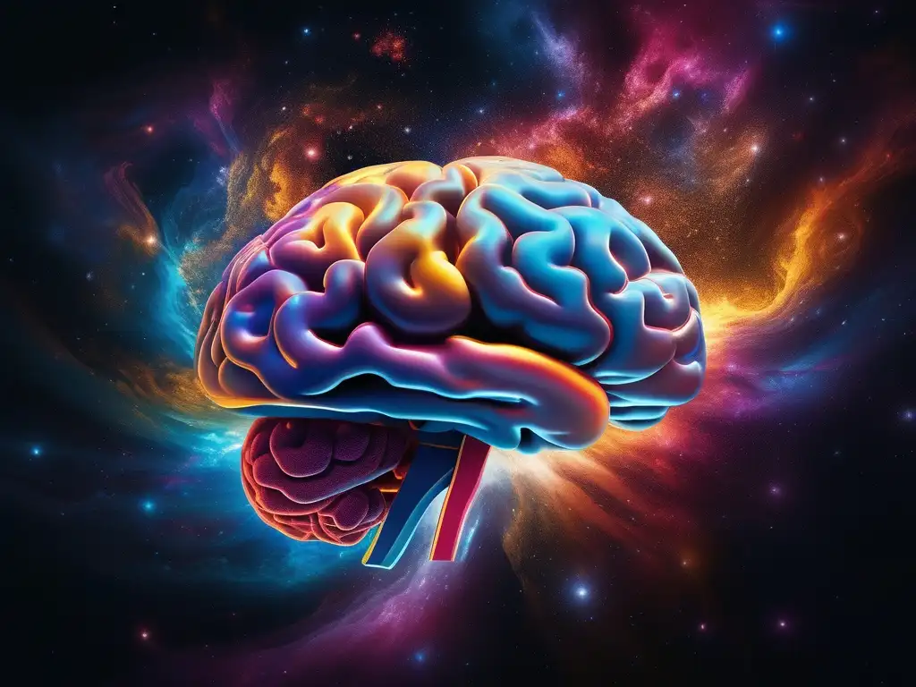 Química cerebral durante el sueño: cerebro detallado en el espacio oscuro con nebulosas de colores, moléculas de serotonina doradas, dopamina azul y GABA difundido