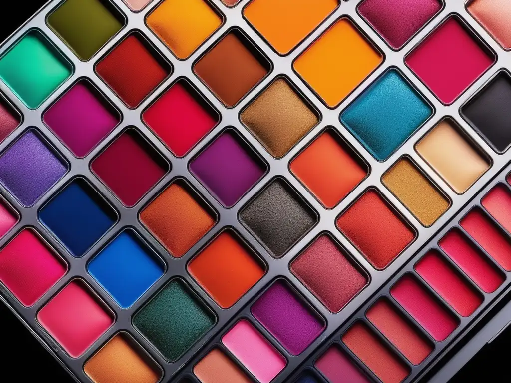 Impacto química en cosmetología: paleta multicolor, pigmentos vibrantes, textura suave y detalles precisos de polvos