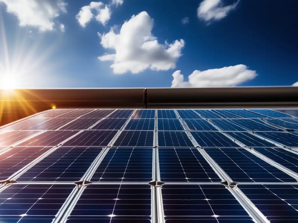 Fotografía detallada de un panel solar, resaltando su diseño moderno y las células fotovoltaicas