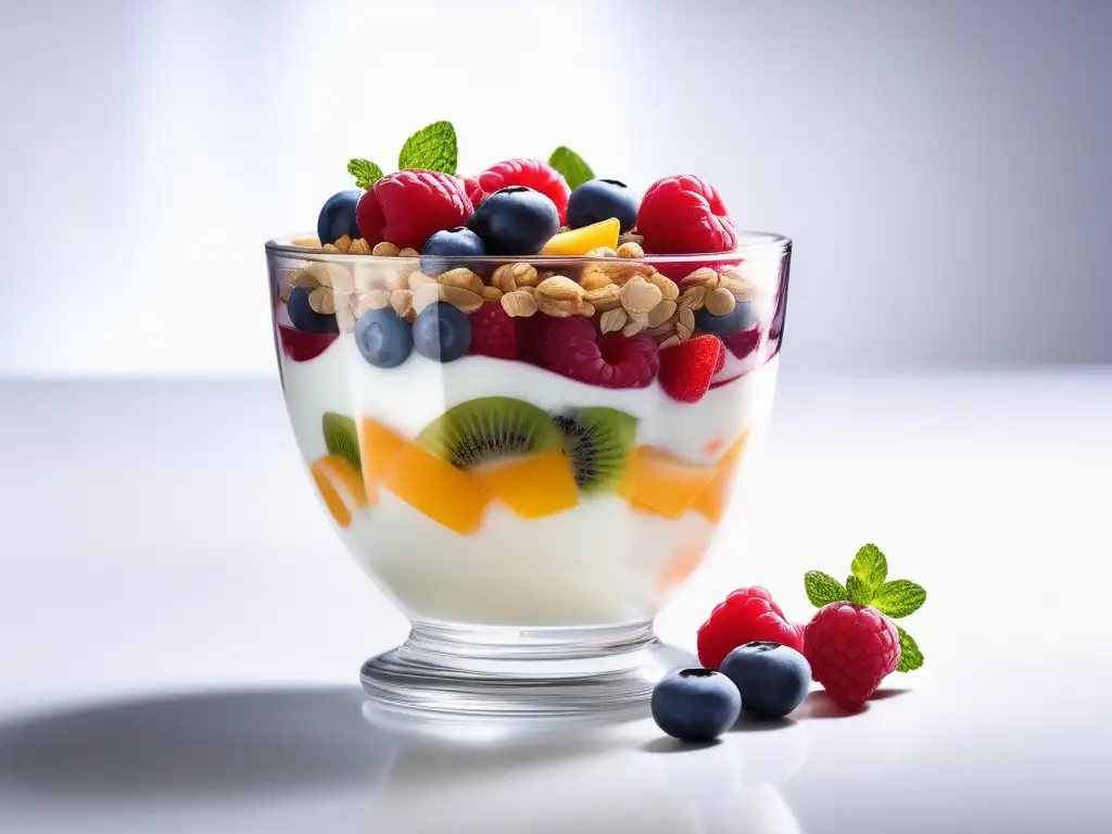 Importancia química de los probióticos: yogur probiótico con capas de yogur cremoso, fresas frescas, granola crujiente, arándanos y miel