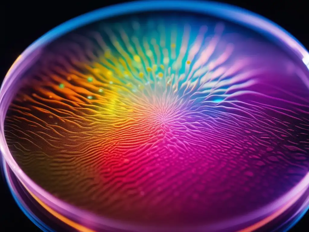 Descubrimientos de no metales en química: imagen de petri con líquido transparente, partículas suspendidas y colores refractados