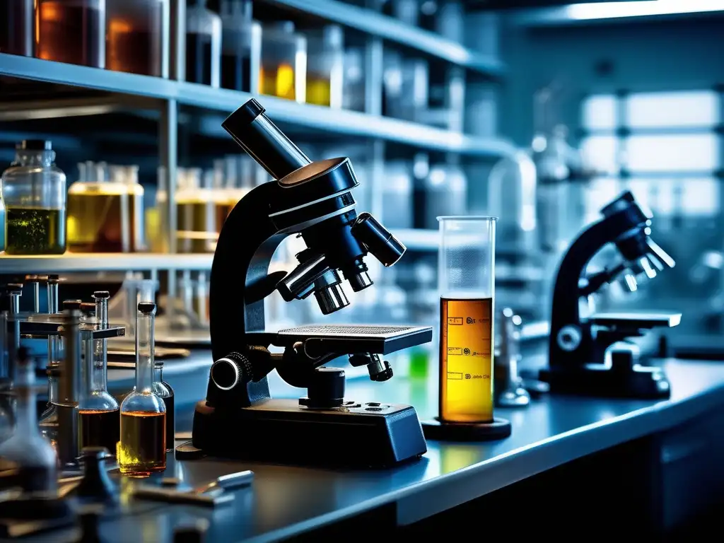 Importancia de la investigación petroquímica: imagen realista de un laboratorio con instrumentos y un científico analizando una muestra