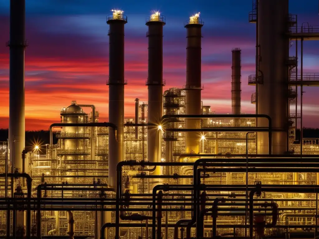 Importancia de los no metales en la química y petroquímica: vista detallada de planta al atardecer, con tuberías y tanques interconectados