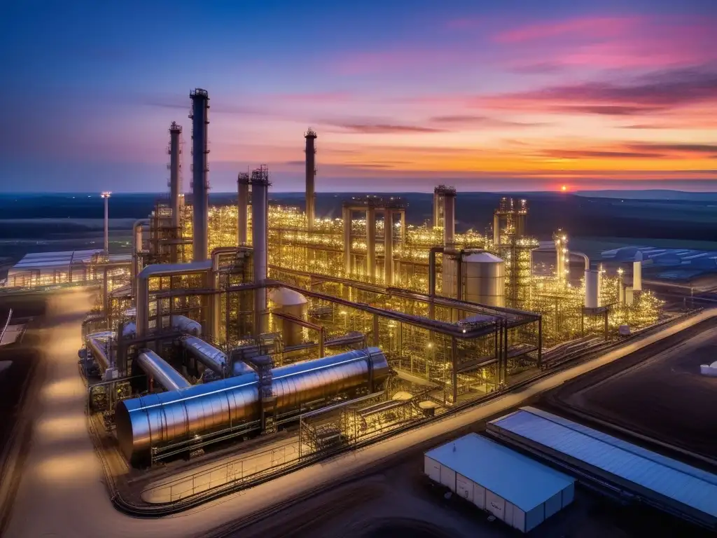 Carrera industria petroquímica potencial: planta petroquímica vibrante al atardecer con trabajadores, tuberías y paisaje impresionante