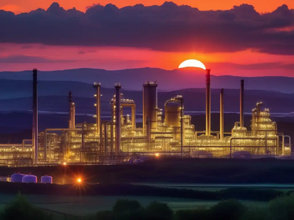 Imagen detallada de una planta petroquímica al atardecer, destacando tecnologías emergentes en la industria química petroquímica