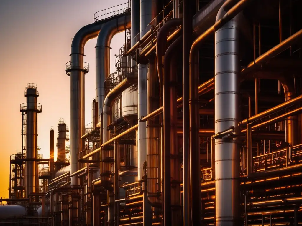 Refinería petroquímica al atardecer, mostrando maquinaria y estructuras detalladas