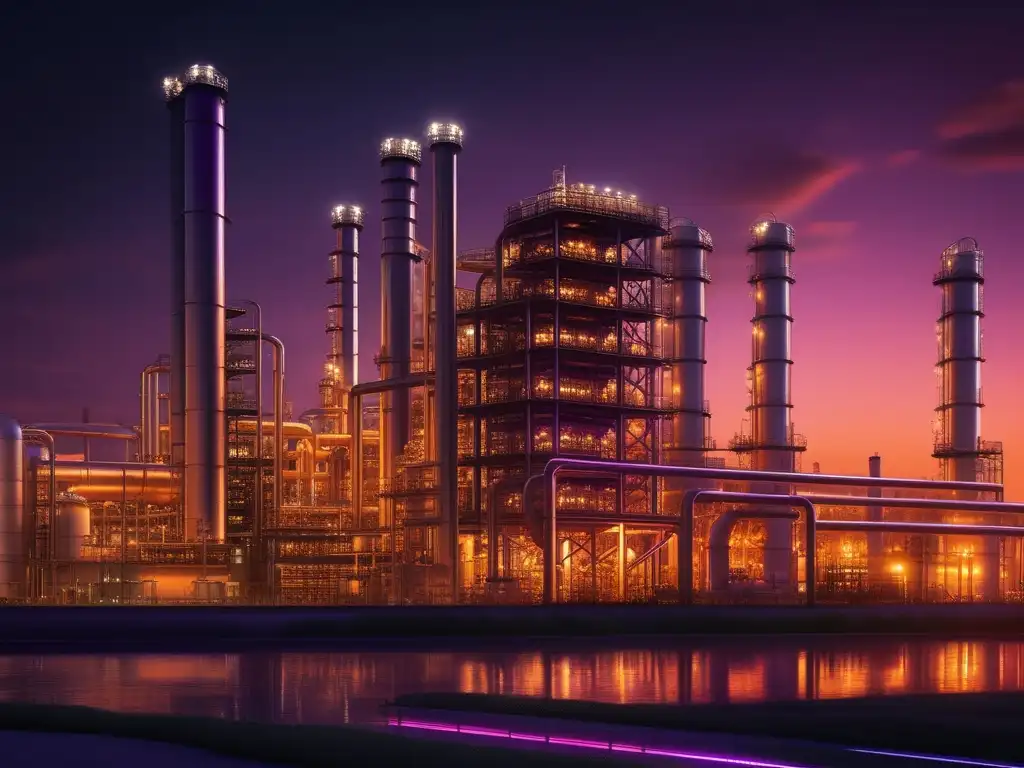 Carrera industria petroquímica potencial: planta petroquímica al atardecer, destacando su complejidad y avance tecnológico