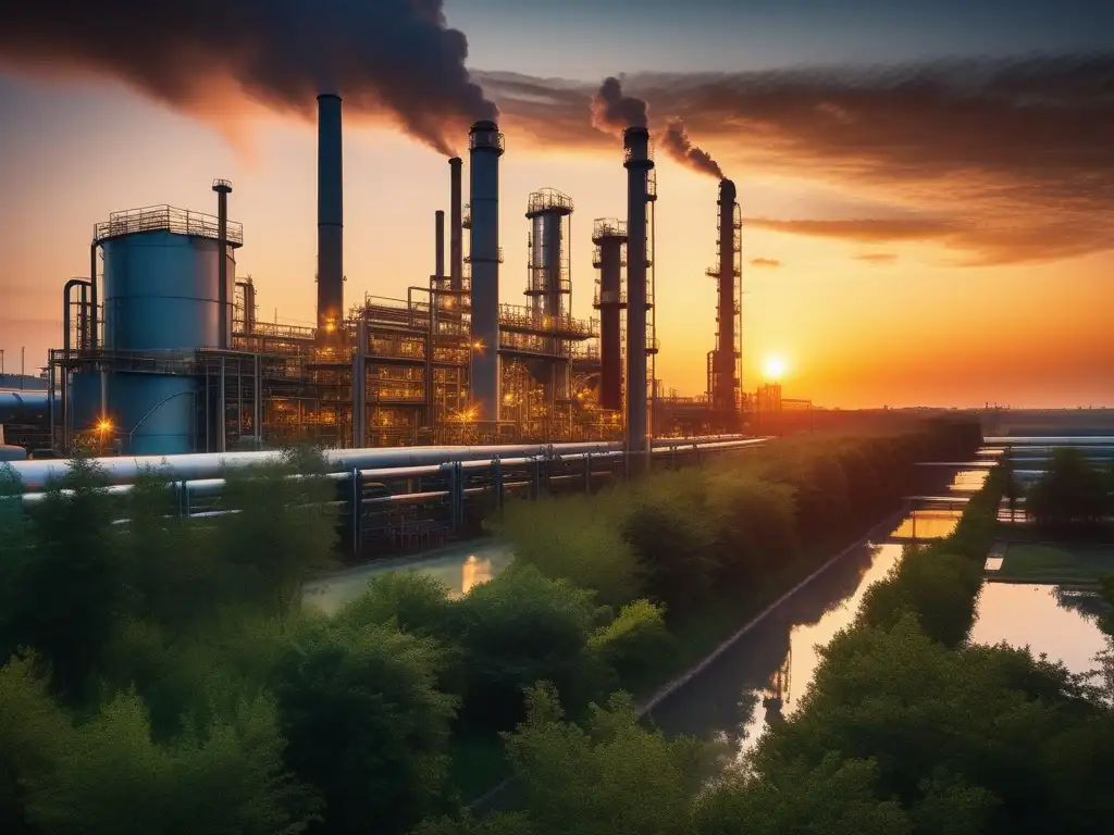 Planta petroquímica vibrante al atardecer: sostenibilidad en la industria, detalles y naturaleza